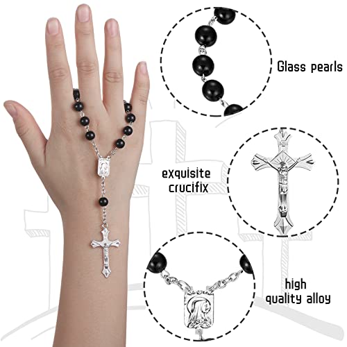 4 Pieces Auto Rosary for Rearview Mirror Pearl Glass Beads Catholic Bracelet Rosary Beads Catholic for Woman Men Car Rosary with Cross Crucifix Rosary Necklace Hanging Accessories (Black Beads)3