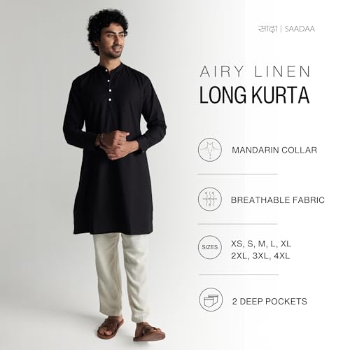 Image of SAADAA Men's Long Kurta - Linen Cotton Blend, Airy Fabric, Regular Fit, Mandarin Collar, Solid Color - Casual, Festive & Ethnic Wear
