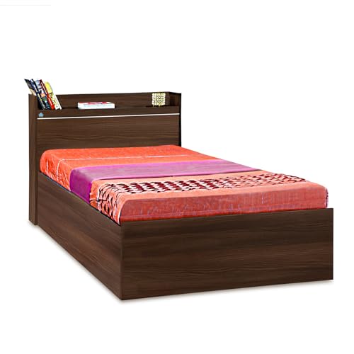 Image of DELITE KOM | 1 Year Warranty | Single Bed, Cherry Engineered Wood Bed with Box Storage & with Headboard Shelf Storage, Wooden Bed (83x37 Inches) | Installation Included | Color - Acacia Dark