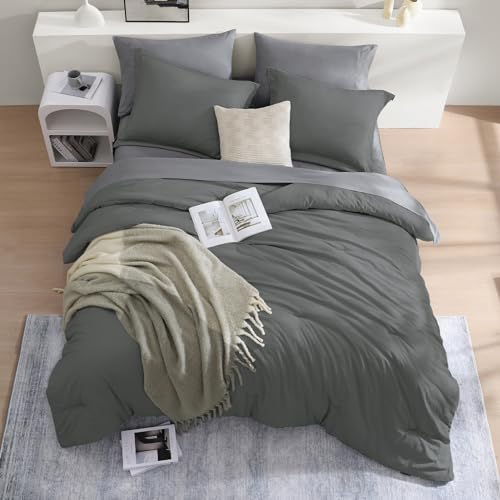Image of Twin XL Comforter Set- 5 Pieces Prewashed Bed in a Bag Twin Bedding Sets | Soft All Season Comforter with Sheets, Pillow Sham & Pillowcase, Grey