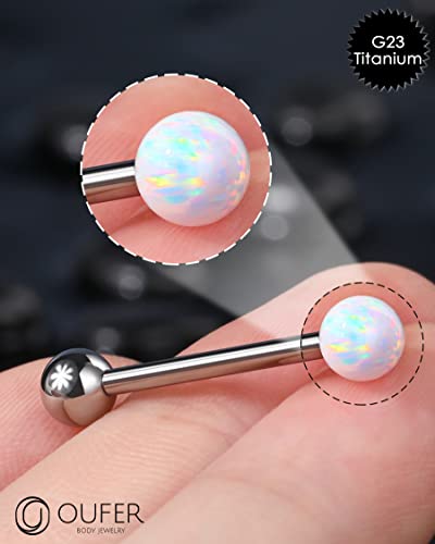 Oufer Titanium Tongue Rings, White Opal Tongue Ring, Internally Threaded Tongue Piercing Jewelry, Straight Tongue Jewelry For Women Men #TOP2