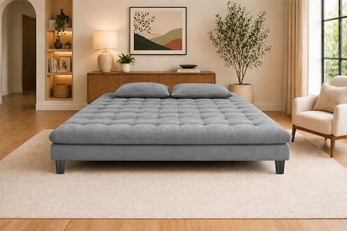 Image of 3 Seater Velvet Sofa Cum Bed, Tufted Convertible Sleeper Couch, Space-Saving Design, Comfortable Cushioned Seating - Grey Color