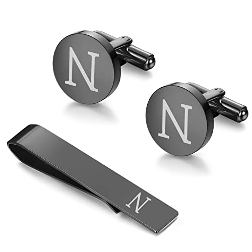 LOYALLOOK Black Initial N Cufflinks and Tie Clip Set for Men Personalized Copper Cuff links and Tie Bar Letter Alphabet N Gift for Father Husband