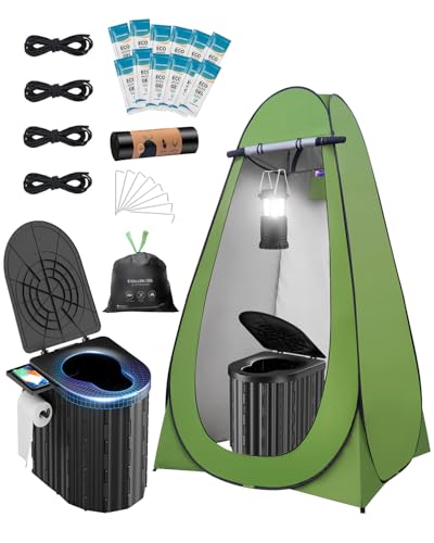 Portable Toilet with Privacy Tent Urine Gel & Leak-Proof Bags, Camping Lantern – Odorless Camping Toilet for Adults & Kids, Outdoor Travel Potty