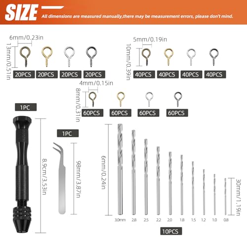 Tanstic 492Pcs Hand Drill Set, Pin Vise Hand Drill with Micro Mini Twist Drill Bits, Bent Tweezer and 480Pcs Screw Eye Pins for Resin DIY Jewelry Making Miniature Crafts