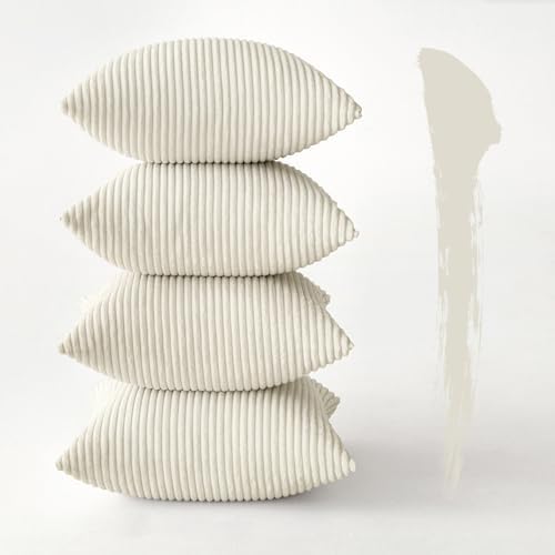 MIULEE Set of 4 Corduroy Cushion Covers Soft Decorative Square Throw Pillow Covers for Spring Cushion Soft Pillowcase Striped Corduroy Cushion Covers Pack of four for Home decor Sofa 16x16inch Cream