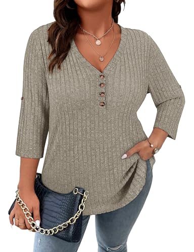 Image of Koscacy Women Plus Size V Neck 3 /4 Roll Sleeve Sweater Casual Knit Tops Solid Color Blouses