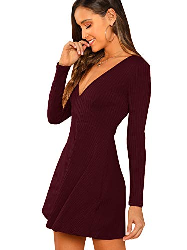 Verdusa Women's Deep V Neck Long Sleeve Fall Dress Elegant Short Skater Dresses3