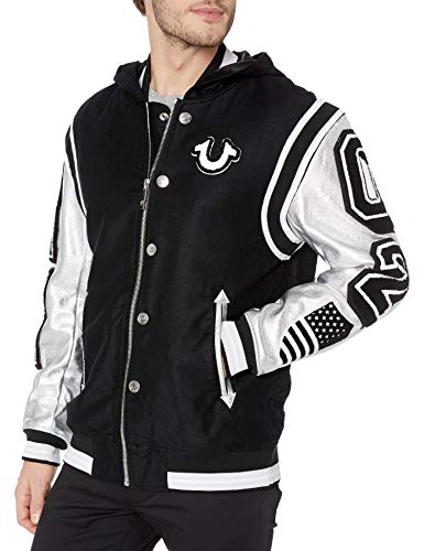 True Religion Men's Hooded Varsity Jacket, Black, L