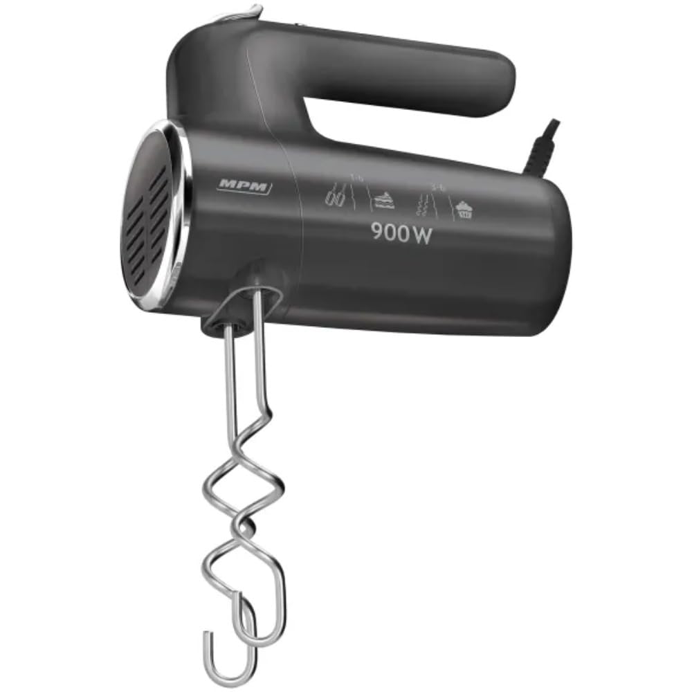 MPM Batteur à main avec 2 fouets et 2 crochets pétrisseurs - 6 vitesses avec bouton turbo - 900 W - Anthracite