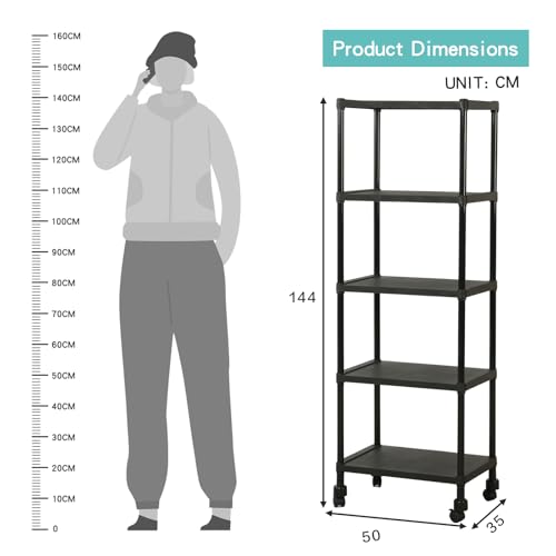 Image of HOME CUBE 5-Tier Storage Shelf with Plastic Shelves with Wheels Kitchen Organizer Rack Microwave Stand Bookshelf Standing Shelf Units Multipurpose Storage Rack for Living Room - 50x35x144 cm