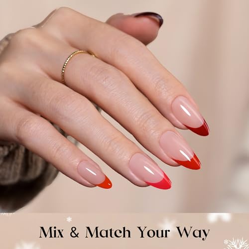 Image of Beetles X Press Red French Tip Nails - Fierce French | 5 Colors Press On Nails Medium Almond | 16 Sizes 160 Pcs Natural Salon Quality