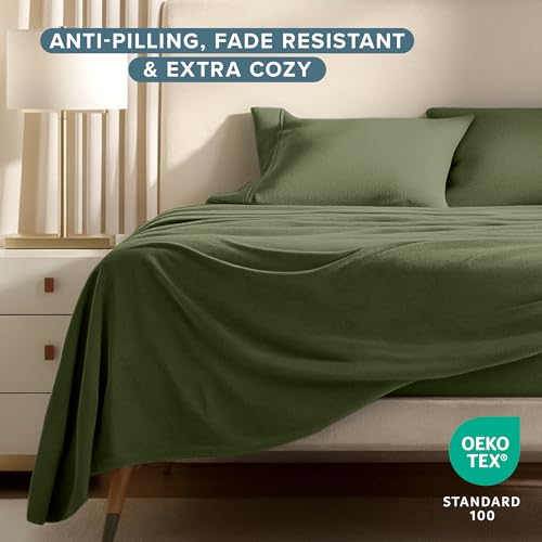 Image of Bare Home Super Soft Fleece Sheet Set (King, Cypress) | Extra Plush Polar Fleece, No-Pilling Bed Sheets, All-Season, Cozy Warmth, Deep Pockets 6 to 15 Inches