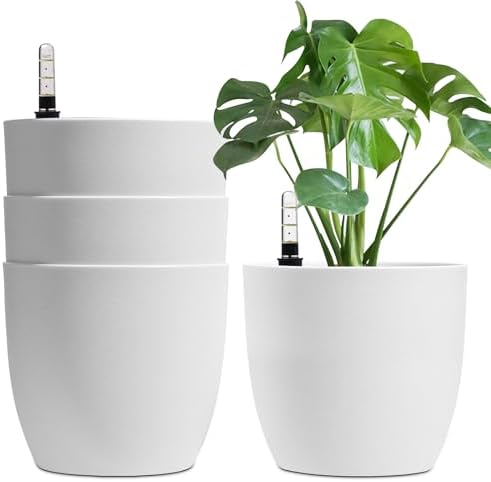 T4U Blumentopf mit BewässerungssystemRund 22cm 4er Set, Gross Innen Weiß | Selbstbewässerungstopf, Plant Pot, Wasserspeicher, Kräutertopf, Monstera, Rosmarin, Hydrokultur, Innenber