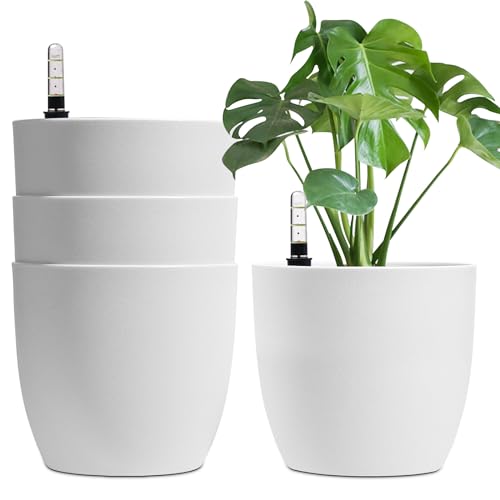 T4U 22cm Selbstwässernder Blumentopf mit Wasseranzeiger Weiß 4er-Set, Selbstbewässerung Wasserspeicher Pflanzgefäß Übertopf für Innen- und Außenbereich