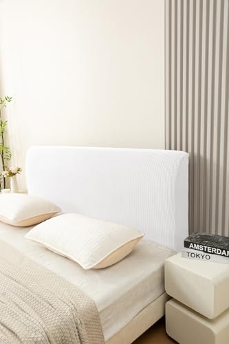 Image of HOMETHREADS Stretchable Lycra /Velvet Headboard Cover | Soft, Dust-Proof & Wrinkle-Resistant Bed Back Protector | Fits Leather, Wooden & Fabric Bedsides | for 6ft to 6.5ft Beds | (White, 172x65cm)