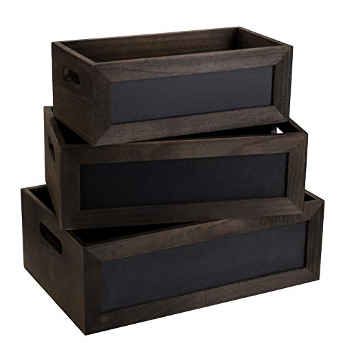 Cedilis Set of 3 Rustic Brown Wood Nesting Storage Crates, Distressed Decorative Crates Storage Container with Chalkboard Front Panel and Cutout Handles