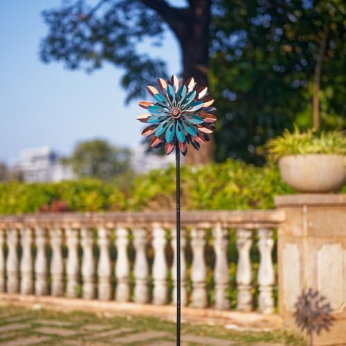 Image of VEWOGARDEN 360 Outdoor Metal Wind Spinners Kinetic Wind Sculptures & Spinners for Yard Garden Lawn Patio Decorations, Blue & Bronze
