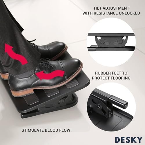 Image of Desky Classic Desk Foot Rest - Ergonomic Under-Desk Foot Support with Adjustable Height, Non-Slip Surface, Improves Posture & Comfort for Office or Home