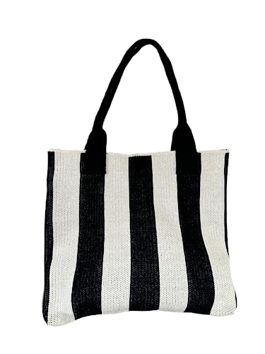 ENBEI Women's tote bags aesthetic Shoulder Handbags Hand crocheted Bags large Shoulder Shopping Bag large satchel cute Bag (black and white)