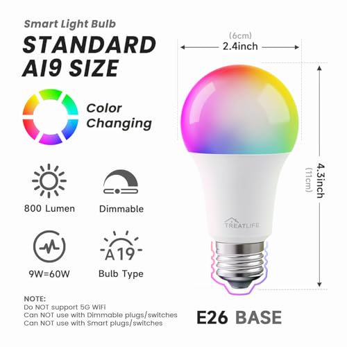 TREATLIFE Smart Light Bulbs 4 Pack, UL Certified 2.4GHz Color Changing Light Bulb, Works with Alexa Google Home, A19 E26 Dimmable LED Light Bulb 9W 800 Lumen for Party Decoration, Smart Home Lighting