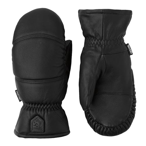 Hestra Unisex Leather Box Mitt, Leather Winter Ski Mittens for Alpine Skiing & Cold Winter Weather, Black, 9
