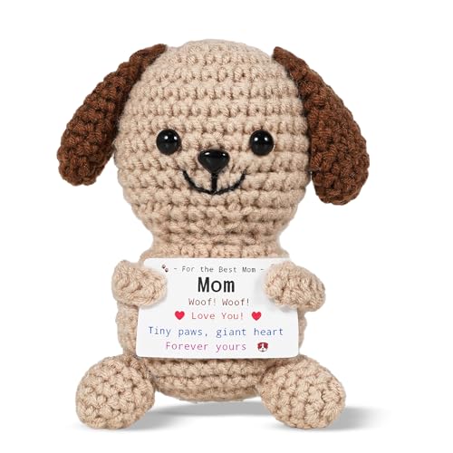 Handmade Crochet Puppy Gift for Mom – Funny Cute Small Knitted Dog, Unique Mother’s Day Present for Mama, Bonus Step Mom, Birthday, ThanksGiving,Stocking Stuffer, Emotional Support Gift for Women