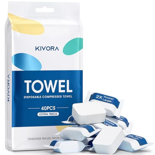 KIVORA Extra Thick Compressed Towels, 40 Pack Large Disposable Face Towels, Ultra Soft & Skin-Friendly, Biodegradable Compressed Towel Tablets for Travel, Camping, Outdoor Activities & Everyday Use