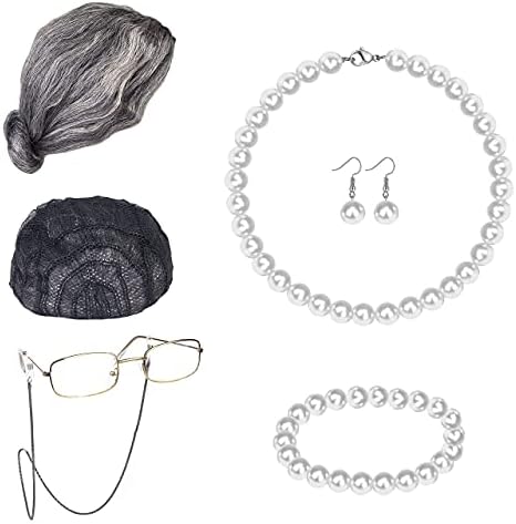 LOLIAS 7 Pieces Old Lady Costume Cosplay Set, Grandma Wig Cap Granny Glasses Chain Cords Pearl Beads Necklace Earring (7 Pieces), Christmas Halloween Old Lady Wig Fits All