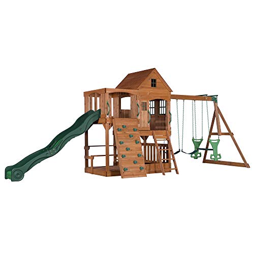 Backyard Discovery Spielturm Holz Hillcrest | XXL Spielhaus für Kinder mit Rutsche, Sandkasten, Schaukel, Kletterwand und Picknicktisch | Stelzenhaus für den Garten Cover
