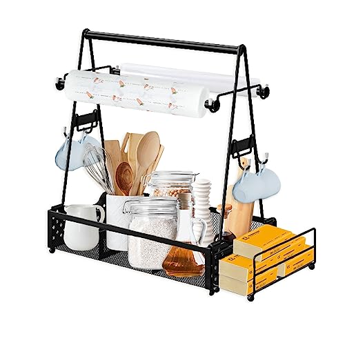 Les-Theresa Grill Caddy with Paper Towel Holder, BBQ Utensil and Condiment Organizer with 4 Hanging Hooks - BBQ Accessories Storage, Griddle & Picnic- 15.15x6.53x14.4In (Black)
