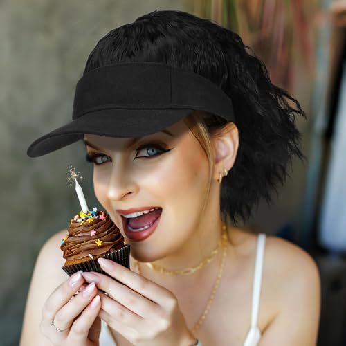 Postiche casquette noire avec queue de cheval bouclée synthétique - 4