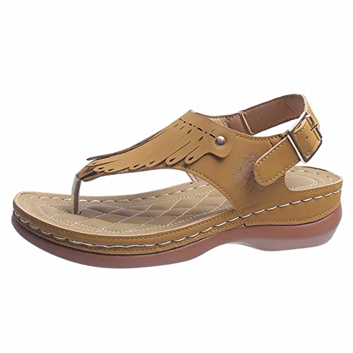 PARACAMISETAS Damen-Klipp-Zehen-Keilsandalen, modische Kunstleder-Peep-Toe-Fringe-Knöchel-Schnallen-Flip-Flops, Orthopädische Sommer-Bunion-Korrektur-Sandalen,Gelb,39 Cover
