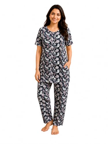 Image of KIAWAH Women Printed Night Suit Set, Cotton Blend Night Suit, A-Line Top and Pajama Set, Soft and Breathable Night Wear