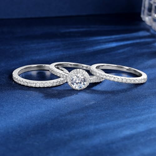 MDFUN Three-in-One Oval Halo Wedding Bands Set Engagement Rings 18K White Gold Plated Cubic Zirconia Promise Eternity Band for Women Size 5-103