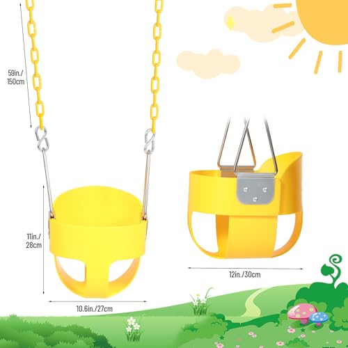 Toddler Swing Seat with Coated Chains, Heavy Duty Kids High Back Bucket Swings with Tree Straps and Hooks for Outdoor, Playground, Backyard, Swing Set Accessories by Domaker, Yellow - Thumbnail 2