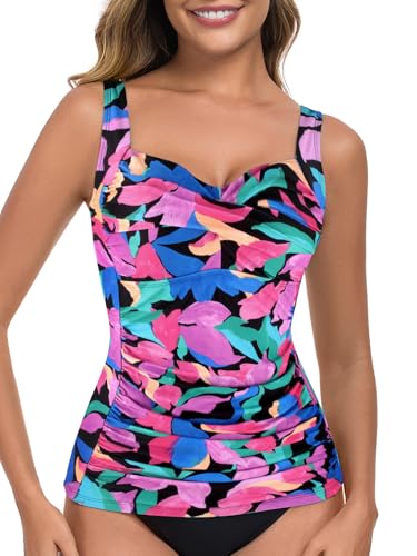 Image of Ocean Blues Women's Colorful Leaves V-Neck Tankini Top Twist Front Ruched Tummy Control Swimwear Size XX-Large