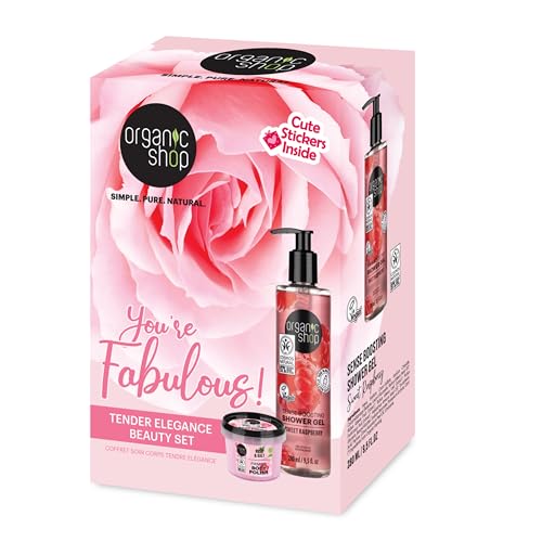 Organic Shop You're Fabulous Tender Elegance Beauty Gift Set. Featuring Full Size Shower Gel & Mini Body Scrub. With Cute Stickers. Vegan Friendly. Cruelty Free. Clean Hub Verified. 2pcs.