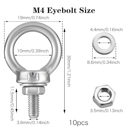 Piriuuo 10 Stück Ringschraube M4, Ringschrauben mit Muttern Edelstahl Augenbolzen Ringbolzen Ringschraube Ösenmutter mit Unterlegscheiben Ringschraube für Hebezubehör für Befestigens und Hängens