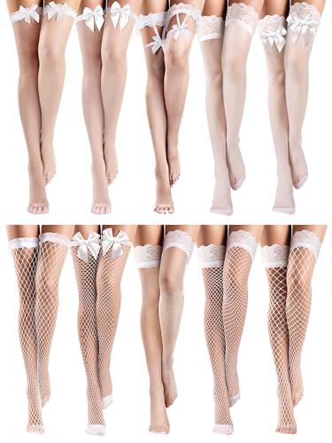 Image of Fourluoo 10 Pairs Silk Fishnet Thigh High Stockings Women Lace Top Sheer over Knee Stocking for Halloween