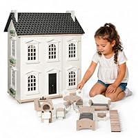 Hooga Wooden Dollhouse with Furniture Set Included, Multi-Level 3-Storey Pretend Doll's house Playset Toys for 20cm Dolls, Miniature Dolls House Gift for Girls & Kids - 55x26x65cm (White/Grey)