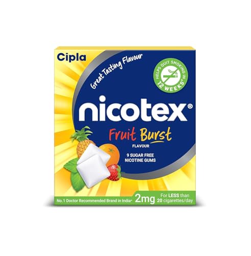 Image of Cipla Nicotex Nicotine Sugar Free Fruit Burst Gums 2mg | Helps to Quit Smoking | WHO-approved Therapy | 9 Gums per Pack | Pack of 1