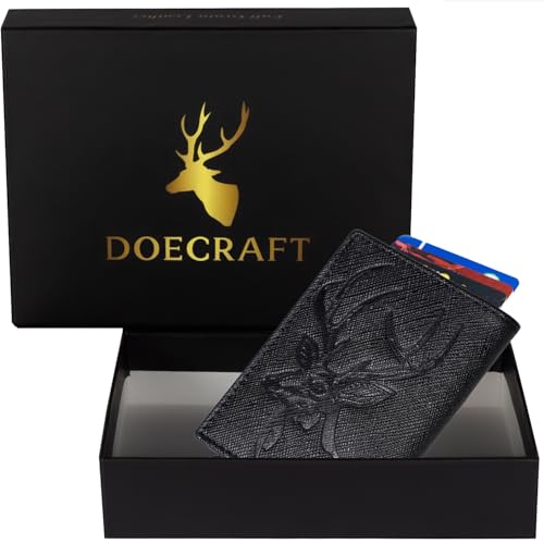 Image of Men's Genuine Leather RFID Wallet | Premium Slim Red Wallet for Men with Deer 3D Print | 8 Card Slots Secure and Durable | Casual Stylish | Formal & Gifting Use, Black (Safiano /Black)