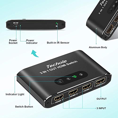 HDMI Switch 4k HDMI Splitter-Techole Aluminum HDMI Switch 3 in 1 Out, HDMI Switch with IR Remote Control, Supports 4k@30HZ 3D HD1080P, HDMI Switcher for PS4 Xbox Apple TV Fire Stick Blu-Ray Player - Thumbnail 5