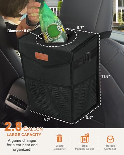 Image of Pritent Car Trash Can with Lid, Cute Leakproof Car Trash Garbage Bag Hanging Vehicle Trash Bin Small Portable Automotive Garbage Cans Organizer for Back /Front Seat /Console(2.8 Gallons,Black)