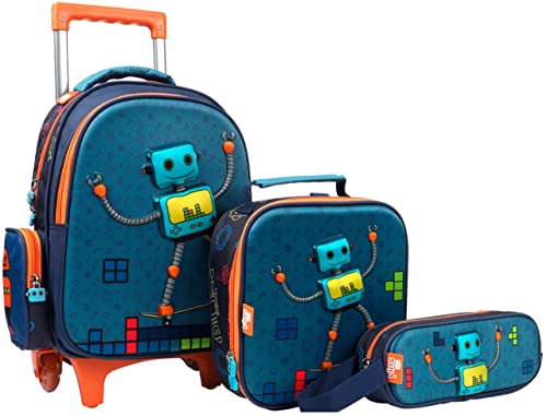 Mochila Bolsa Reforçada Escolar 3D Infantil Menino Robô Rodinha Costas Lancheira Estojo