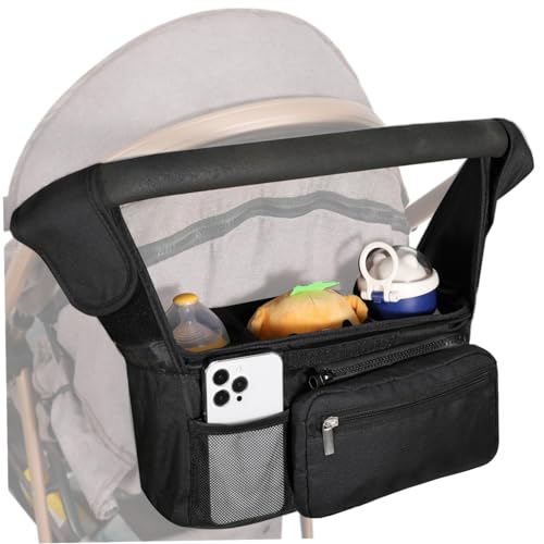 Stroller Caddy Waterproof Stroller Cup Holder 3 Compartment Diaper Bag with Removable Front Bag & Mesh Pocket All-Purpose Organizer Caddy