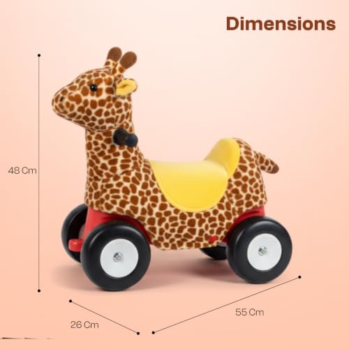 Image of Toyzone Little Soft Giraffe Ride on | Cloth-Covered Ride On Toy with Wheels | Back Support | Indoor & Outdoor Ride-On for Toddlers 1-4 Years