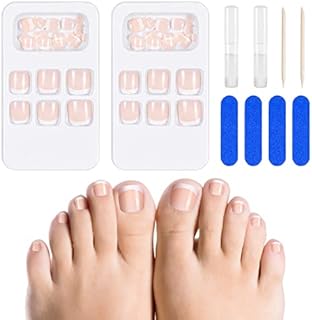48 Pieces French False Toenails Tips with Glue, Full Cover Short Fake Toe Nails, 12 Sizes Artificial Acrylic Toe Nails with Nail Files, Stick on Toenails for Women Nail Decorations (Pink)