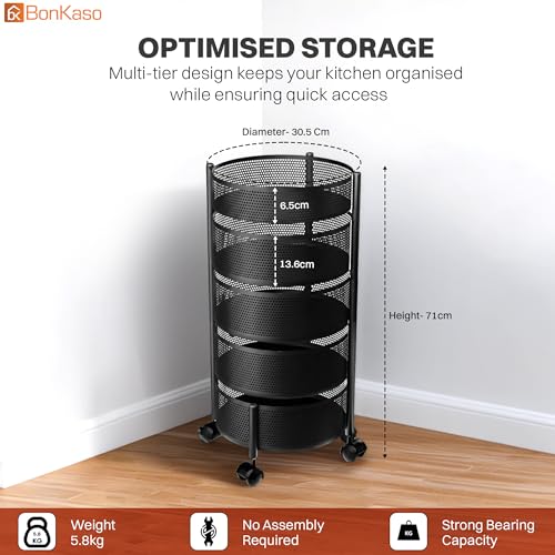 Image of BonKaso 5-Layer Round Multipurpose Kitchen Trolley with Swivel Storage Basket & 360 Rotating Wheels, Black Steel Frame, Easy Mobility, Space-Saving and Durable